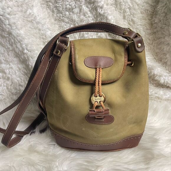 Francesco Biasia leather olive green and brown straps bucket drawstring bag. - Picture 3 of 16